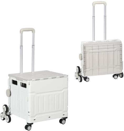 HOMCOM Chariot de Courses Pliable Caddie de Courses Portable avec poignée télescopique réglable et Couvercle, Chariot Montant escalier, Chariot de magasinage à roulettes Charge Max. 80 kg, Blanc