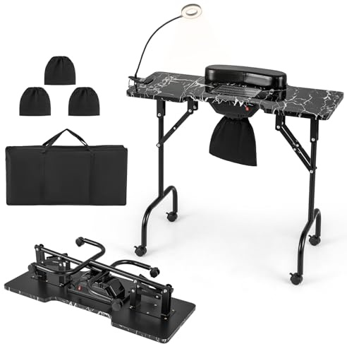 COSTWAY manikyrbord, vikbart, nagelbord med elektrisk dammuppsamlare, LED-lampa, handledsstöd och hjul, manikyrbord marmorutseende, inkl. bärväska (svart)