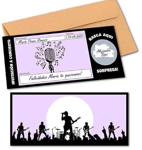 SOULART GRAPHICS | Vale regalo concierto o festival sorpresa| Regalo original personalizable | Tarjeta rasca y gana | Tarjeta regalo para rellenar | Cupón para rellenar | Regalo romántico San Valentín