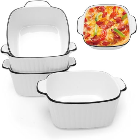 4er Set Keramik Auflaufform 400ML,Quadratische Backformen,Mini Auflaufformen 14.5 x 11.5 x 5.5cm,Keramik Backformen mit Griffen,für Heißluftfritteuse, Backofen, Mikrowellenherd(Rippendesign)