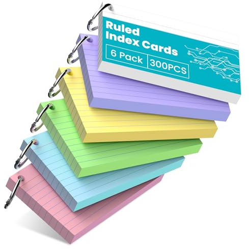 300 PCS 3x5 Revision Cards, Colored Ruled, 6 Metal Binder Rings