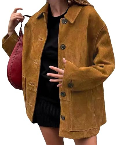 rismart Women Suede Jacket Fall Winter Casual Oversized Trench Coat