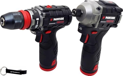 HEADNMORE® Paquete - Taladro atornillador de batería PARKSIDE PERFORMANCE® de 12V + Atornillador de impacto de 1/4 incl. 2 baterías + Llavero