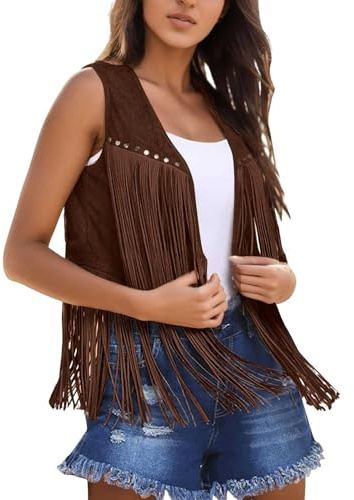 Chaleco con flecos para mujer, ante sintético, frente abierto, chaleco sin mangas, ropa hippie de los años 70, chaqueta occidental bohemia