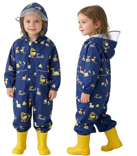 Hovkib Kids Puddle Suit Toddler All-in-One Rain Suit - One Piece Waterproof Hooded Muddy Suit for Boys Girls, Lightweight Waterproof Coverall for 1-8 Years