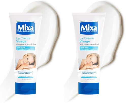 MIXA - Crème Visage Peaux Sensibles - Hydratation 48H & Apaisante - Huile d’Amande Douce + Vitamine E - Nourrit & Protège - Toute la Famille - 100ml (Lot de 2)