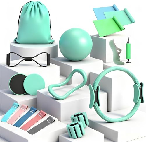 Kit Pilates Completo x Casa per Donna, Include Cerchio Pilates, Palla Pilates, Elastici Pilates, Fasce di Resistenza, Pesi da Polso Regolabili, Idea per Home Workout