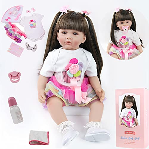 ZIYIUI Poupée Reborn 60 cm en silicone souple pour tout-petit, yeux bruns, cadeaux de Noël (fille à poils longs avec jupe courte colorée)