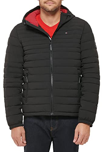 Tommy Hilfiger Men's Stretch Poly Hooded Packable Jacket, Black, Large