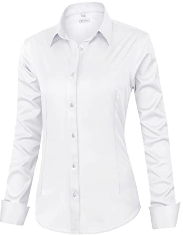 siliteelon Womens Classic-Fit Dress Shirts Long Sleeve Button Down Wrinkle-Free Stretch Solid Casual Work Office Blouse Top White Medium