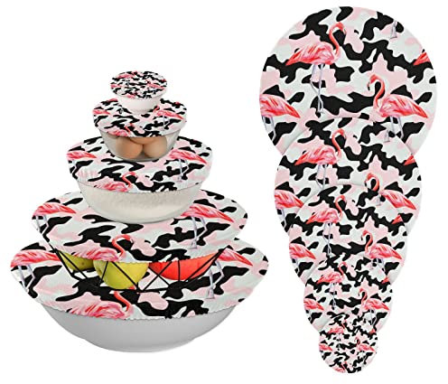 Lot de 5 couvercles de bol réutilisables en tissu imperméable pour saladier en verre, casserole, bordure élastique Motif flamant rose sur camouflage