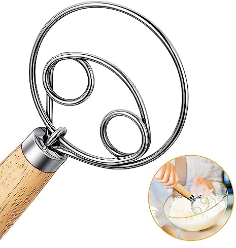 Frusta danese, frusta per pasta danese, 13 pollici, frusta olandese, frusta per uova con manico in legno, frullatore in acciaio inox 304 per la produzione di pane