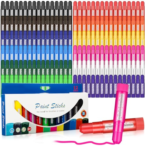 Fulmoon 16 Sets 192 Pcs Tempera Paint Sticks for Kids 12 Colors Washable Paint Sticks Bulk Safe Arts and Craft Quick Drying Child Crayons for Paper Wood Glass Rock Poster Canvas