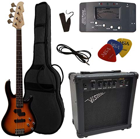 ELEKTROBASS - SET - SUNBURST - E-BASS - GIGBAG-TASCHE - GURT - VERSTÄRKER 45 WATT - STIMMGERÄT - 3x PLEKTREN - KABEL - VISION SOUND GITARRE - LONG SCALE - JB8SB