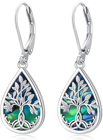 Árbol de la Vida Plata de Ley 925 Lágrima concha de abulón Leverback Hipoalergénico Dangle Drop Joyería Regalos para Mujeres