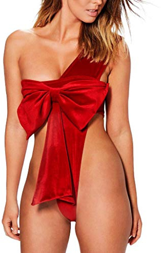 Women's Sexy Satin Unwrap Me Bowknot Lingerie One Piece Babydoll Bodysuit Underwear Teddy Backless Nightwear Red Big Bow Gift Naughty Sleepwear for Ladies Valentine's Day Christmas Outfit