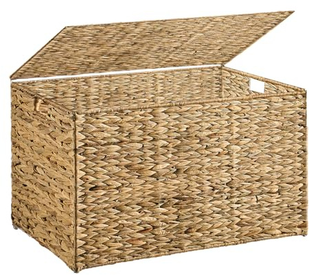 MOORLITER Water Hyacinth Storage Basket with Lid, 27.7 Gallon (105L) Blanket Storage Basket with Handles, Woven Storage Bin, Foldable, Metal Frame, for Bedroom, Laundry Room, Natural