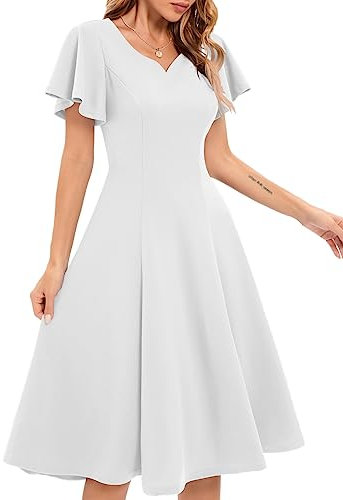 Women White Formal Wedding Guest Dresses Elegant Cocktail Evening Fit Flare Dress for Homecoming Casual Graduation Modest Church Party Vintage Midi Dress, White L