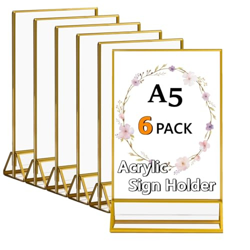 Gocoffun Acrylic Sign Holder A5 Gold Frame, 6 Pack Clear Acrylic Table Top Display Stand, Double Sided Picture Frames for Menu Display, Restaurant Signs Display, Wedding Menu Paper Desk Display