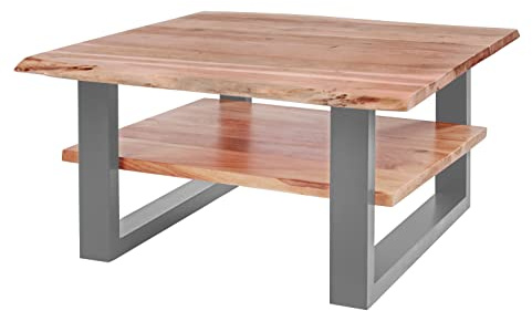 SAM B-Ware Couchtisch 90x90 cm Philipp, Sofatisch mit Ablage, Akazienholz massiv + naturfarben + lackiert, Beistelltisch mit echter Baumkante, U-Gestell Silber