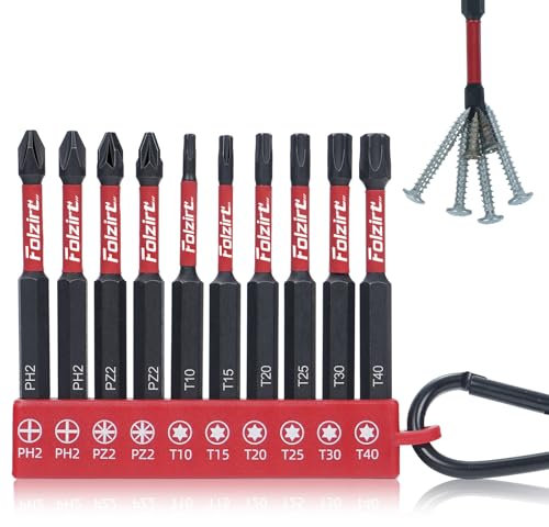 Folzirt 70mm lange magnetische PH2/PZ2/Torx S2-Stahl Bitsatz für Akkuschrauber, 10 Stück Impact Schraubendreher Bits Set, 1/4 Sechskantschaft Phosphid Schwarz Schlagschrauber Zubehör