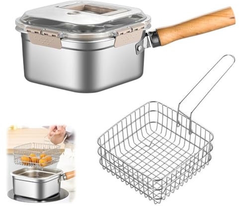 Padella in acciaio per friggitrice in acciaio con cestello padella quadrata portatile e manico per friggere profonda con