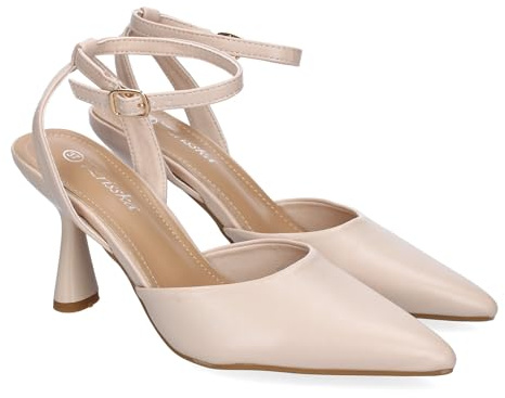 shoes&blues.es 89798 Zapato de Mujer, Tipo Salon con Tacon, Diseno de Punta Fina, Ideales para Ocasiones Especiales y Eventos Formales, con Cierre de Hebilla. Beige Talla 37