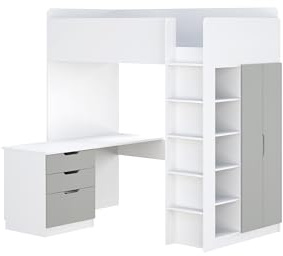 Shefa Kids Modern Cabin Bed with Wardrobe, Desk and Shelf - 90 x 200 cm Lying Surface - Space-Saving Children's Bed with Ladder - Grey