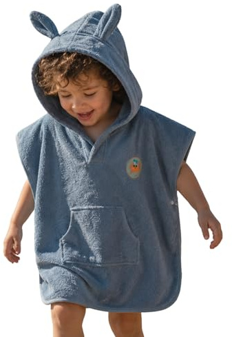 PandaHome badponcho för barn, frottéponcho för pojkar och flickor av 100 % bomull, morgonrock med huva, snabbtorkande mjuka absorberande badrockar 400 g/m², blå, 2-4 år