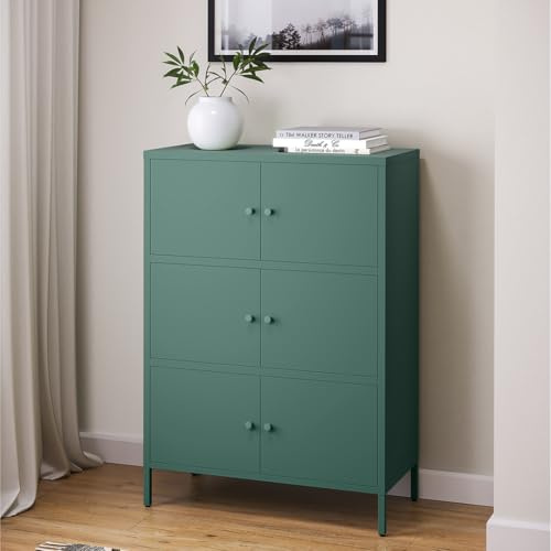 skølm Metallkommode Atriona, Wohnzimmerschrank mit 3 Fächern dunkelgrün, Sideboard, Mehrzweckschrank Stahl 3x2, 113x80x38 cm