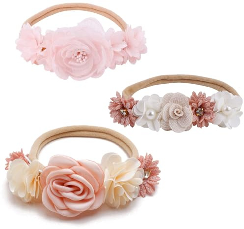 Duoleimi 3 Pezzi di cerchietti per Neonati, Cerchietto Elastico con Fiore per Bambine, Morbida Fascia per Neonati e Bambini Piccoli, Accessori per Capelli