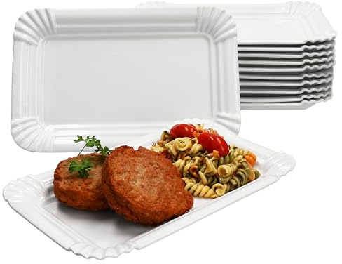 MamboCat Lot de 12 assiettes en carton pur en porcelaine I (L x l) 24,5 x 16 cm I Assiettes rectangulaires avec aspect carton et relief pour gâteaux, petits pains, hamburgers, etc. I Assiettes de