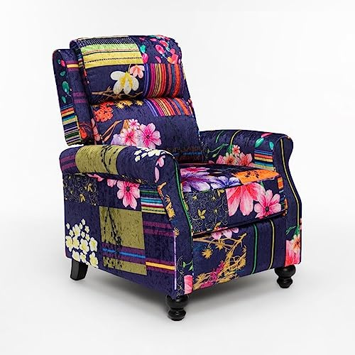 Colourful Patchwork Armchair for Living Room – Floral Manual Recliner Armchair, High Seat Wingback Recliner Chair for the Elderly, Multicoloured Patchwork High Back Seat for Relaxing Home Cinema