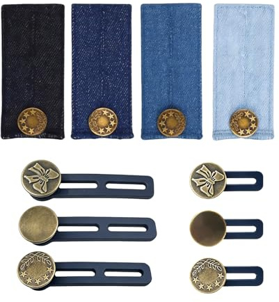 Denim bältesförlängare – justerbar midjevidgare med metallknapp, 4 st 85 x 35 mm och 3 st förlängare 17 mm med ett hål och 3 st med två hål