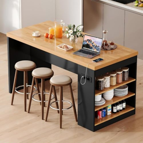 DHHU Îlot de Cuisine 155x80x90 cm avec Prises & USB, Plan de Travail Épais 40 mm, Éclairage LED Intégré, 3 Étagères de Rangement, Meuble Multifonction pour Cuisine et Salle à Manger