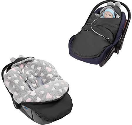 millybo Einschlagdecke für Babyschale – Warmer Fußsack für Baby, Kuschelige Babydecke für Kinderwagen, Kindersitz & Babybett, Ideal für Herbst & Winter, Made in EU (605.020 Grau/Herz rosa)