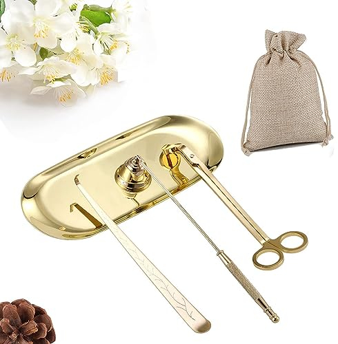 QeeHeng Candele Snuffer Wick Trimmer Vassoio Piatto 4 in 1 Accessori Candela Strumento Kit Cura Candele, Candela, Candela, Set di Tagliafiamma Candela, Spegnimento Bastone Manico Lungo (Oro)