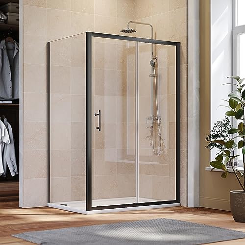 ELEGANT 1200x800mm Black Sliding Shower Enclosure 6mm Tempered Glass Shower Cubicle Door + Side Panel