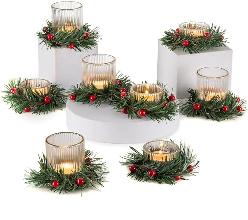 Romadedi Christmas Candle Holder Glass：8Pcs Tealight Holders with Wreath Ring for Table Centrepiece Votive Christmas Decorations for Home Decor Party Dining Wedding Living Room Ornaments Xmas Gift