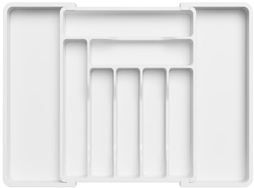 Lifewit Organizador de Cubiertos de Cajón, Bandeja de Cubiertos Expandible, Portacubiertos y Portacucharas, Tenedores, Cuchillos, Almacenador Grande, Blanco