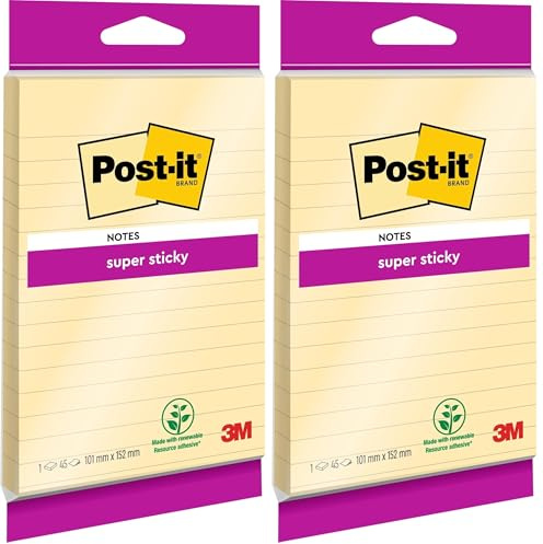 Post-it Notes Autocollantes, Grand Format XXL, Lignées, 45 Feuilles, 101 mm x 152 mm, Jaune Canari - Feuillets Adhésifs pour Prise de Notes, Listes de Tâches et Rappels (Lot de 2)
