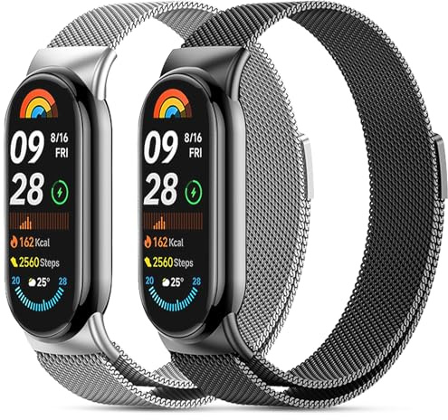 CHANRASI 2 stycken metallarmband kompatibla med Xiaomi Mi Band 10/9/8, herr och dam, rostfritt stål av metall, kompatibelt med Xiaomi Mi Band 10/9/8, svart silver