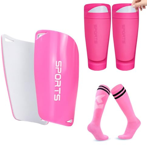 FDEETY 3 Sets Protège-Tibias avec Pouvant avec Manchons de Protection Contenir des Protège Tibias Chaussettes de Football pour Jeunes et Adultes Hommes Femmes Rose Enfants S