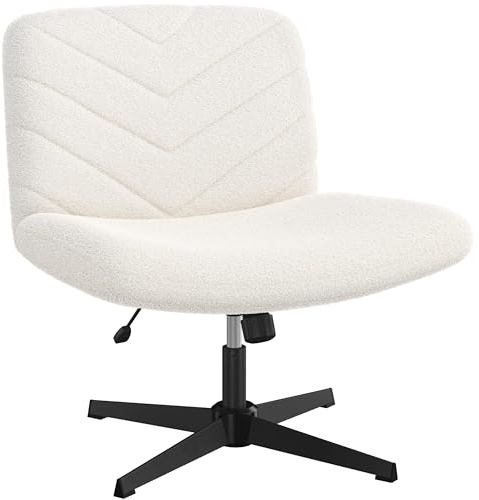 Yaheetech Wide Seat Cross Legged Office Chair, Adjustable Armless Office Chairs with No Wheels, Vanity Chair Criss Cross Chair Swivel Computer Chairs, Ivory