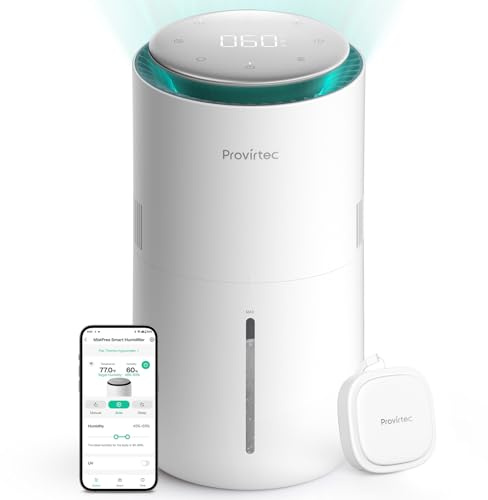 Provirtec MistFree Smart Humidifier for Bedroom, Evaporative Humidifier No White Dust, Auto Humidity & APP Control, 3L Water Tank Easy to Clean, Sleep Mode, Timing, Humidifiers for Home/Office(White)