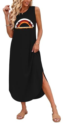 AUSELILY Vestito Lungo Donna Estivo Vestito da Spiaggia Mare Abito T-Shirt Donna Lungo Maxi con Spacco Laterale e Tasche Palma Arcobaleno M