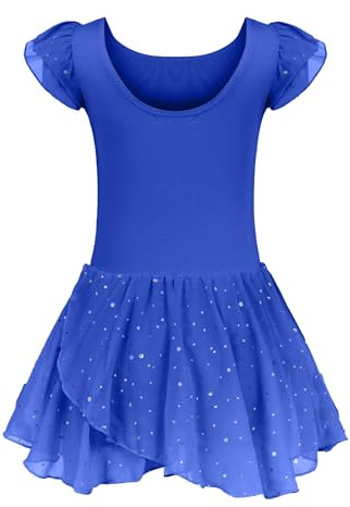 trudge flickor balettklänning volang ärm balettdräkt balett trikåer balettkostym danskläder med chiffongkjol 3-11 år, Indigo, 130 cm