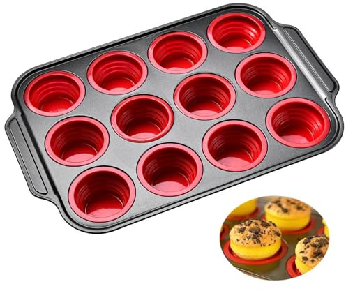 Vikbar muffinsform i silikon, non-stick mini-muffinsform med metallförstärkt ram, muffinsbakpanna, hög temperaturbeständighet, lätt att släppa för bakning av muffins, cupcakes, äggbitar (RÖD 12)