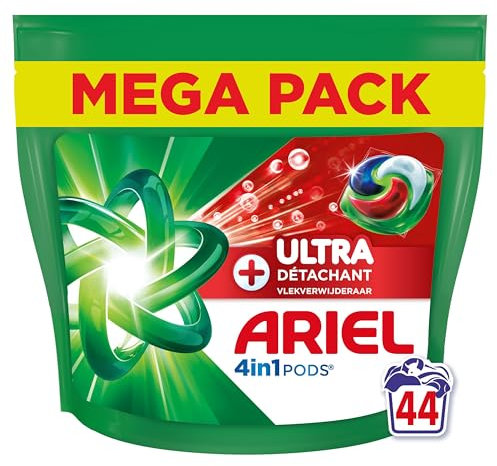Ariel Pods 4en1 +Ultra Détachant, Lessive en Capsules, 44 Lavages, Élimine Même les Tâches Incrustées Depuis 7 Jours, Dissolution Rapide Même à Froid, Fabriqué en France