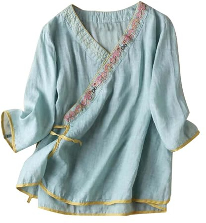 Vêtement de style chinois pour femme - Coton et lin - Broderie élégante - Grandes tailles - Tunique élégante - Col en V - Vintage - Manches 3/4 - Tunique enveloppante - Tang